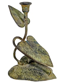 Vintage Leaf Shape & Frog Bronze Candlestick