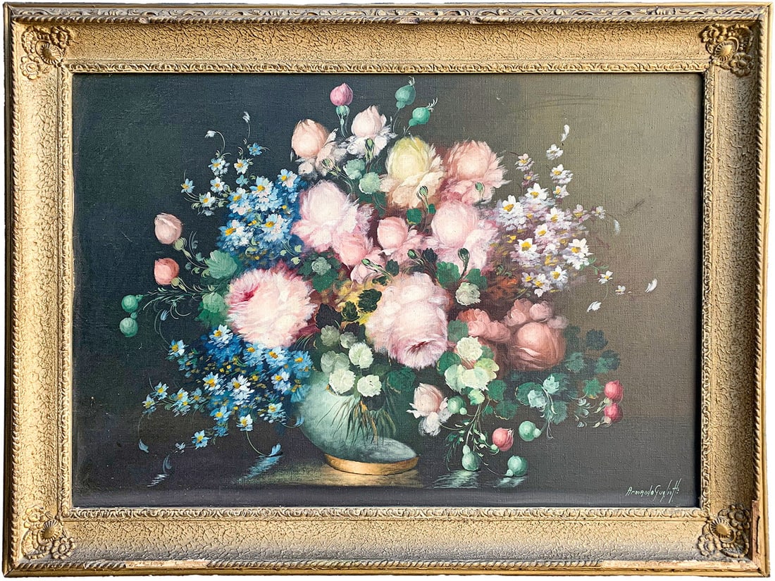 Signed Armando Gugliatti Still Life Oil on Canvas: Signed Armando Gugliatti Still Life Oil on Canvas. 42 7/8 x 30 3/4 in framed.Local Pick up call one day before to make an appointment. TO SHIP THIS ITEM IN USA OR INTERNATIONAL, PLEASE CONTACT THE SHI