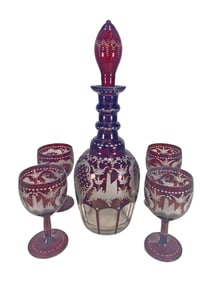Vintage Ruby Cut to Clear Bottle & 4 Glasses