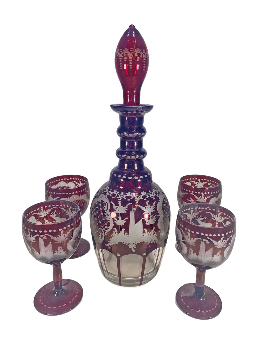 Vintage Ruby Cut to Clear Bottle & 4 Glasses (1 of 10)