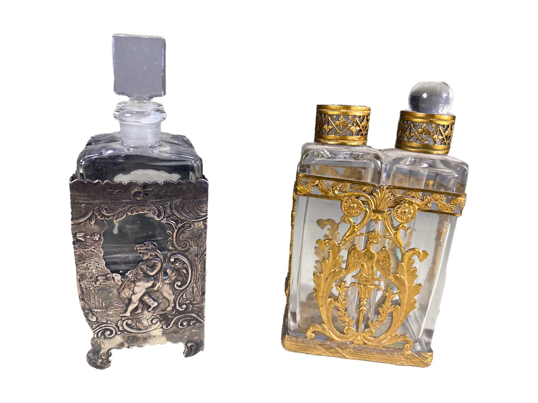 19th C Dutch Silver & French Gilt Perfurm Bottles: 19th C Dutch Silver & French Gilt Perfurm Bottles. Dutch weight: 48 grams. 4 x 1 1/2 x 1 1/2 in and 3 3/4 x 2 x 1 in.Local Pick up call one day before to make an appointment. TO SHIP THIS ITEM IN USA 