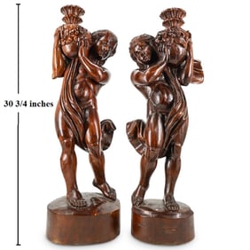 Pair of European Carved Wood Lanterns Sculptures