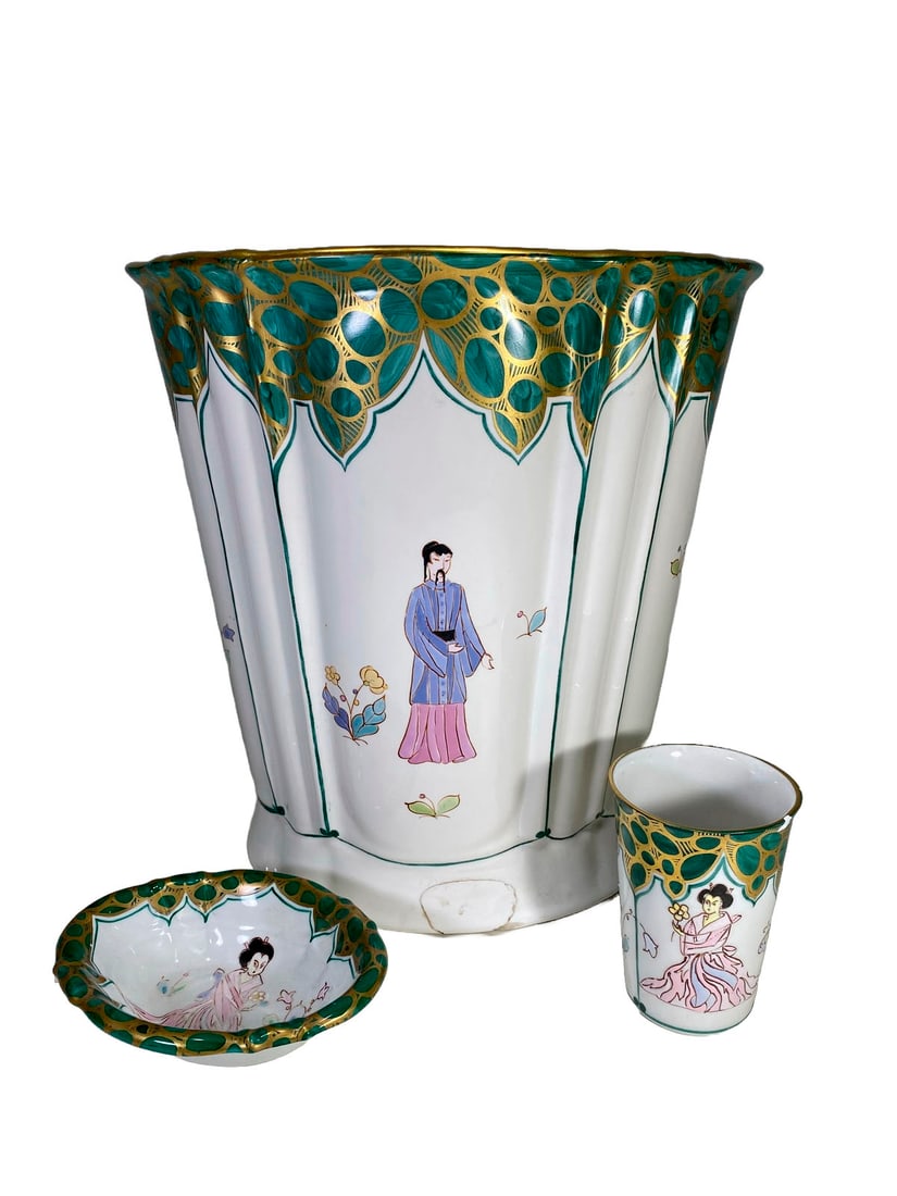 Sherle Wagner, Italy Porcelain Bathroom Set: Sherle Wagner, Italy Porcelain Bathroom Set. Bowl: 12 x 10 3/8 in. Cup: 3 7/8 x 2 7/8 in. Tray: 1 3/8 x 5 3/8 x 4 3/8 in.Local Pick up call one day before to make an appointment. TO SHIP THIS ITEM IN