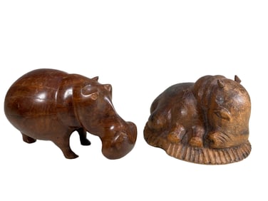 2 Hippos Carved Wood Sculptures