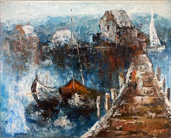 Oil on Canvas Boats Painting, signed