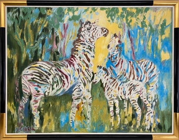 Oil on canvas Group of Zebras Painting, signed