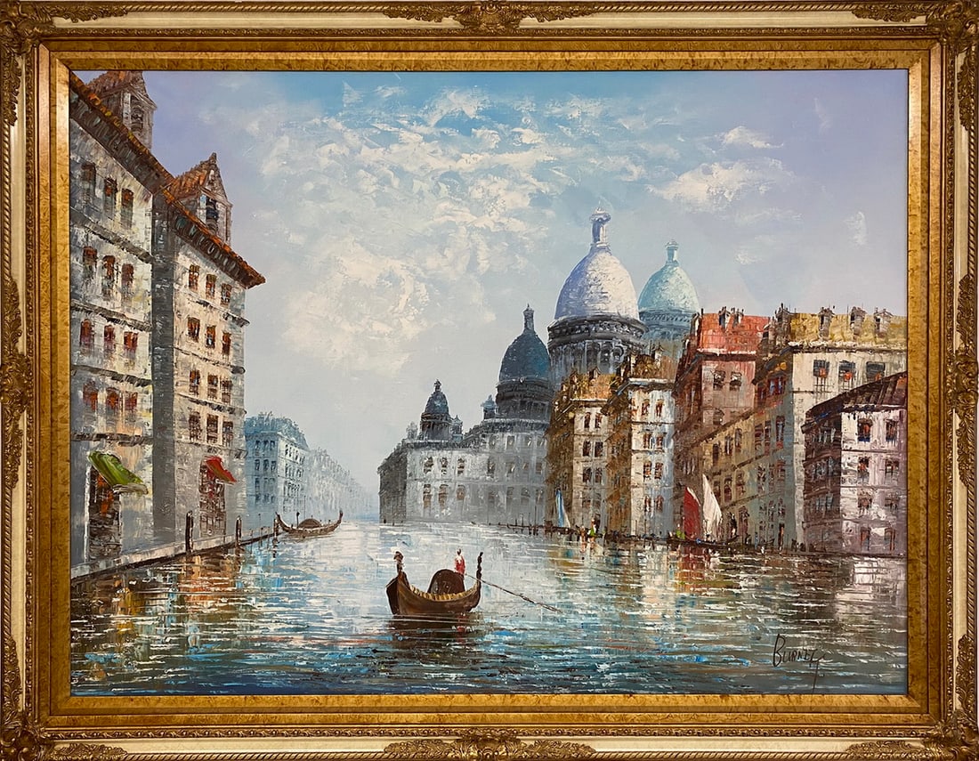 Signed Burnet Venice View Oil on Canvas Painting: Signed Burnet Venice View Oil on Canvas Painting. 43 1/4 x 55 1/4 x 1 1/2 in framed.Local Pick up call one day before to make an appointment. TO SHIP THIS ITEM IN USA OR INTERNATIONAL, PLEASE CONTACT 