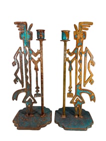 American Native Iron Enamel Pair of Candlesticks