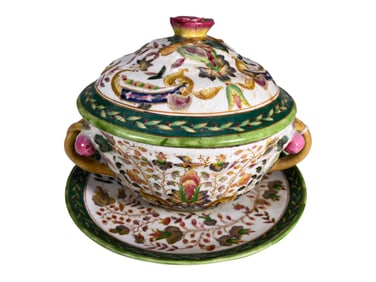 Antique Chinese Porcelain Lidded Bowl & Plate