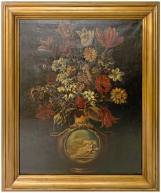 Antique European Oil on Canvas Flowers Painting