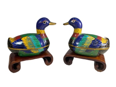 Chinese Pair of Ducks Cloisonne Boxes & Wood Base