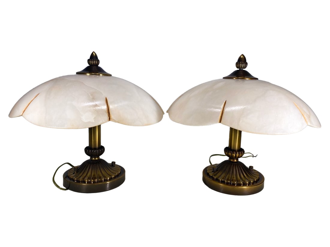 Vintage Pair of Alabaster & Brass Table Lamps (1 of 5)