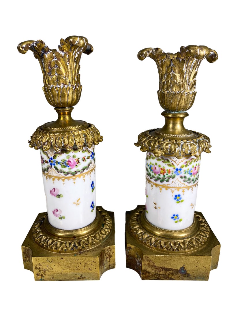 Antique French Pair of Bronze & Porcelain Candlesticks (1 of 7)