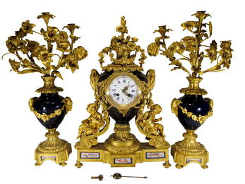 19th C French Japy Freres Bronze & Porcelain Clock Set