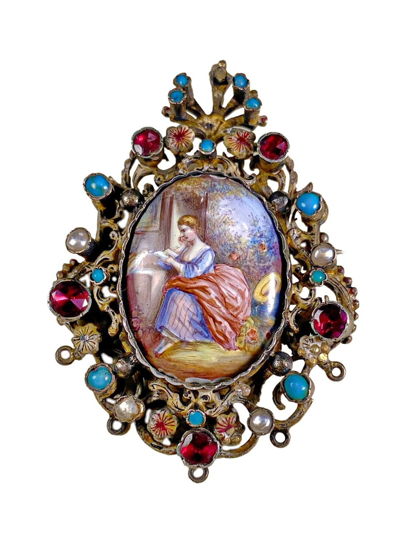 Antique Probably Silver, Turquoise, Pearl & Rubu Brooche (1 of 6)