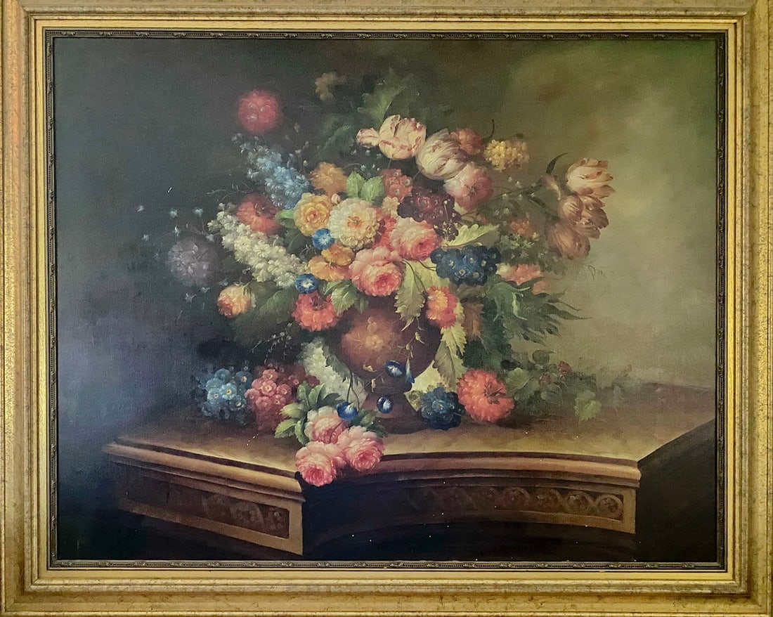 Large Still Life Oil on Canvas Painting, signed: Large Still Life Oil on Canvas Painting, signed. 59 x 71 in framed. 48 x 60 in unframed.Local Pick up call one day before to make an appointment. TO SHIP THIS ITEM IN USA OR INTERNATIONAL, PLEASE CONT