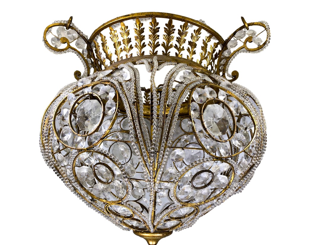 Antique Gilt Metal & Glass Chandelier: Antique Gilt Metal & Glass Chandelier. 26 1/4 x 24 in.Local Pick up call one day before to make an appointment. TO SHIP THIS ITEM IN USA OR INTERNATIONAL, PLEASE CONTACT THE SHIPPERS : 1) UPS store193