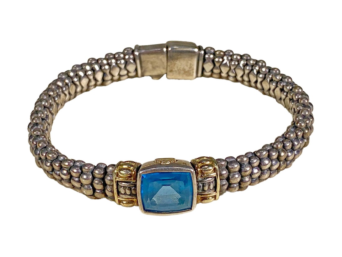 Lagos, Caviar 750 gold & 925 Silver Topaz Bracelet: Lagos, Caviar 750 gold & 925 Silver Topaz Bracelet. Weight: 46.9 grams. Local Pick up call one day before to make an appointment. TO SHIP THIS ITEM IN USA OR INTERNATIONAL, PLEASE CONTACT THE SHIPPERS
