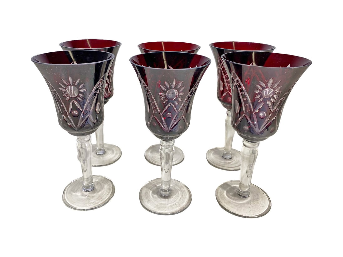 Czech Set of 6 Red Cut to Clear Wine Glasses: Czech Set of 6 Red Cut to Clear Wine Glasses. 7 5/8 x 3 5/8 in.Local Pick up call one day before to make an appointment. TO SHIP THIS ITEM IN USA OR INTERNATIONAL, PLEASE CONTACT THE SHIPPERS : 1) UPS