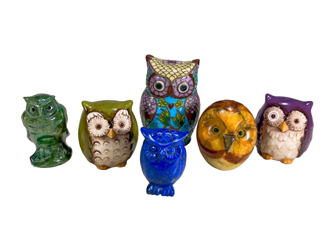 Set of 6 Cloisonne, Porcelain & Stones Owl Statues: Set of 6 Cloisonne, Porcelain & Stones Owl Statues. Bigger: 3 1/8 x 2 in.Local Pick up call one day before to make an appointment. TO SHIP THIS ITEM IN USA OR INTERNATIONAL, PLEASE CONTACT THE SHIPPER
