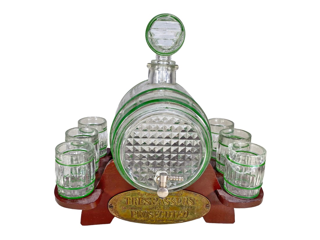 Vintage Green Glass & Wood Barrel Decanter (1 of 6)