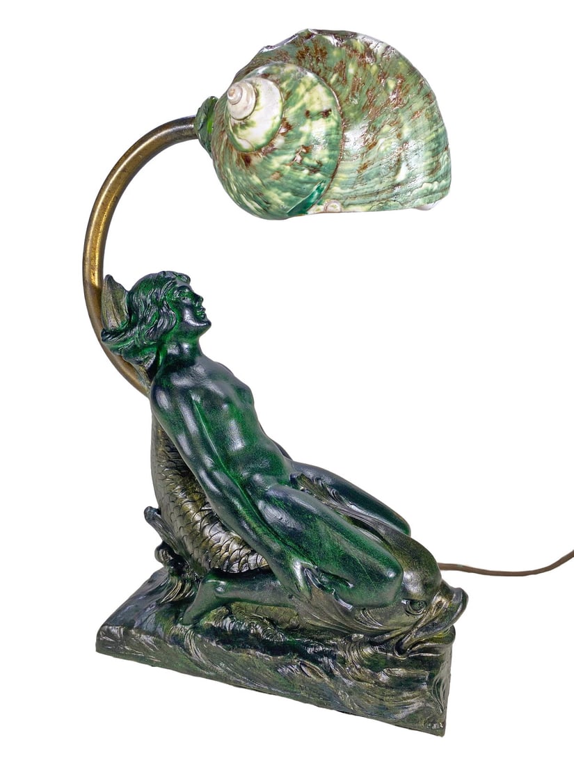 Vintage French Spelter & Shell Nude Lamp, signed: Vintage French Spelter & Shell Nude Lamp, signed. 11 x 6 1/2 x 3 1/4 in.Local Pick up call one day before to make an appointment. TO SHIP THIS ITEM IN USA OR INTERNATIONAL, PLEASE CONTACT THE SHIPPERS