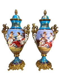 Large French Pair of Porcelain & Bronze Urns