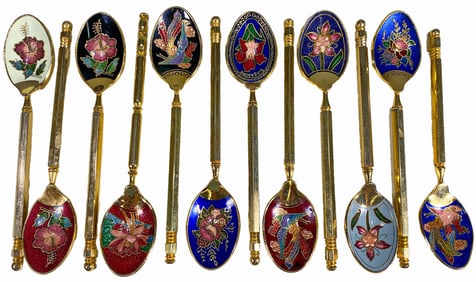 Set of 12 Gilt Cloisonne Teaspoons from Singapore