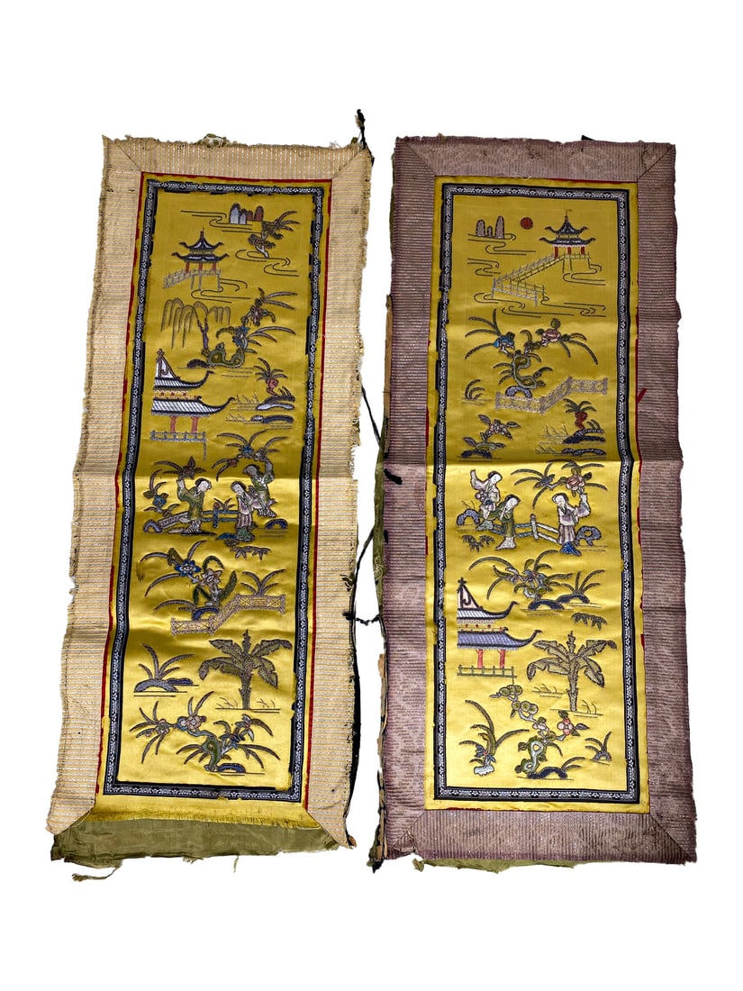 2 Vintage Chinese Embroidery on Silk: 2 Vintage Chinese Embroidery on Silk. 27 x 11 in.Local Pick up call one day before to make an appointment. TO SHIP THIS ITEM IN USA OR INTERNATIONAL, PLEASE CONTACT THE SHIPPERS : 1) UPS store1937- Da