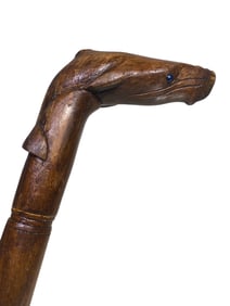 Antique Animal Head Wood & Glass Walking Stick