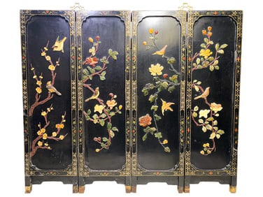 Antique Chinese Lacquer & Stones Folding Screen