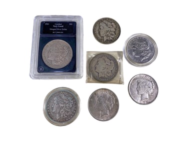 7 Antique Morgan Silver Dollar Coins, 1880/89/90 and 1900/21/24/25