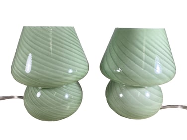 Mid Century Pair of Celadon Glass Lamps