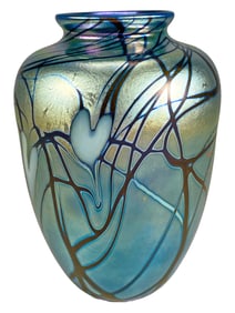 Loetz style Iridescent Art Glass Vase, signed