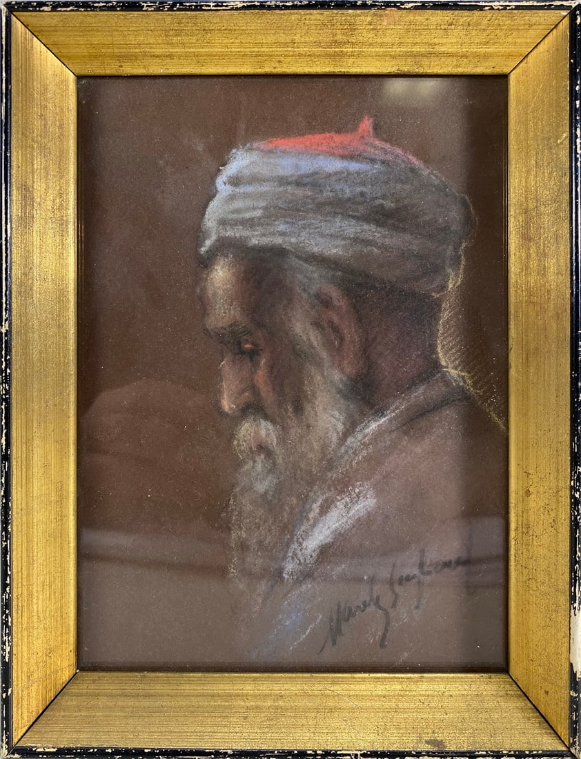 Antique Orientalist Man Portrait Pastel Painting, signed (1 of 4)