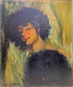 Antique Oil on Cardboard Woman Painting, signed