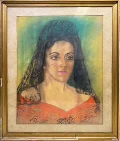 1952s Spanish Woman Pastel Painting, signed