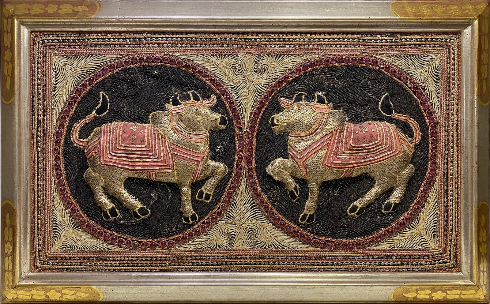 Vintage Burmese Embroidery with Sequins & Glass Balls: Vintage Burmese Embroidery with Sequins & Glass Balls. 20 1/2 x 33 1/2 x 1 1/2 in framed.Local Pick up call one day before to make an appointment. TO SHIP THIS ITEM IN USA OR INTERNATIONAL, PLEASE CON