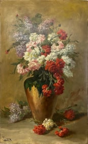 Antique Oil on Cardboard Flowers Painting, signed