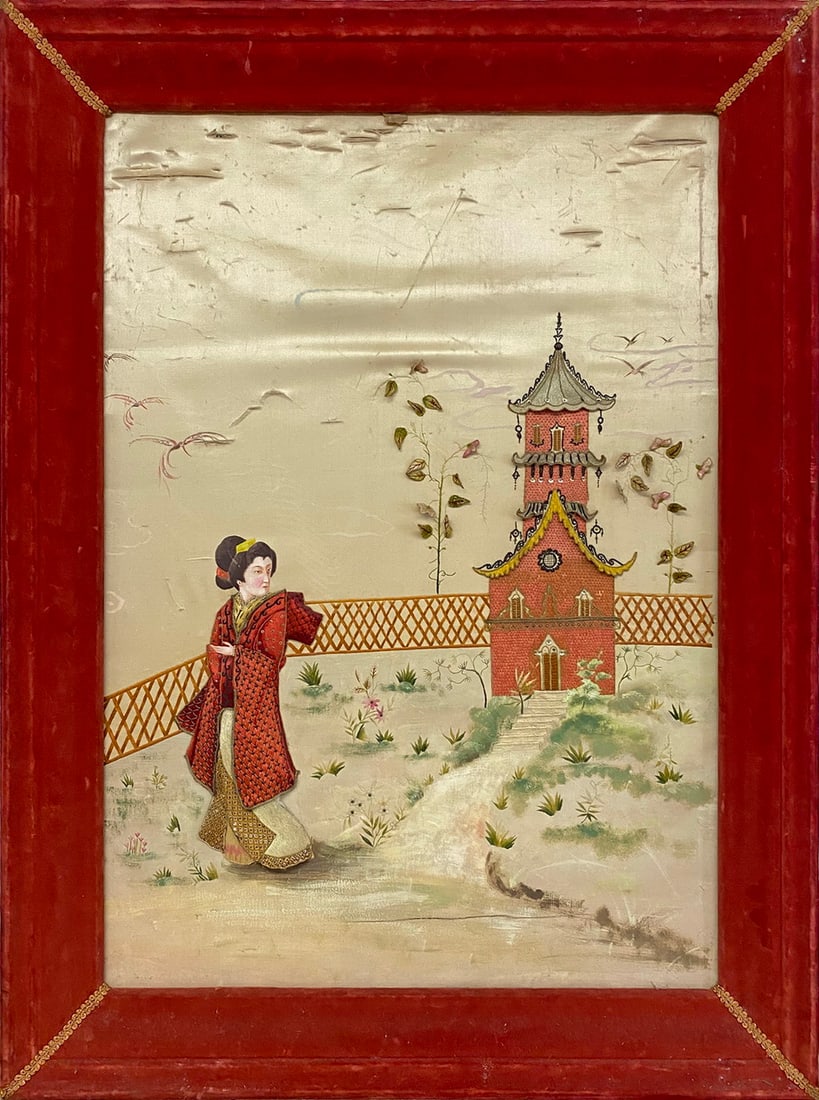 Antique Japanese Embroidery on Silk with Pearls & Sequins: Antique Japanese Embroidery on Silk with Pearls & Sequins, Velvet Frame. 42 x 31 1/4 x 2 3/8 in framed.Local Pick up call one day before to make an appointment. TO SHIP THIS ITEM IN USA OR INTERNATION