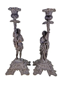 Antique Pair of Patinated Bronze Candlesticks