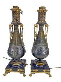 Probably Barbedienne Pair of Bronze & Marble Oil Lamps