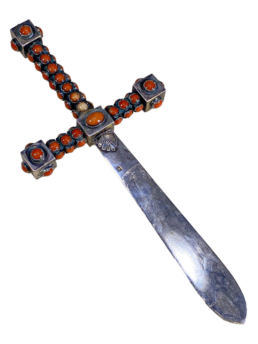 Probably English Antique Silver & Coral Letter Opener: Probably English Antique Silver & Coral Letter Opener. Weight: 83 grams. 8 1/2 x 3 7/8 x 3/4 in.Local Pick up call one day before to make an appointment. TO SHIP THIS ITEM IN USA OR INTERNATIONAL, PLE