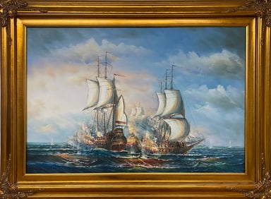 Ships Battle Oil on Canvas Painting, signed