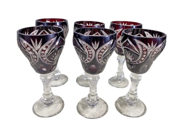 Vintage Set of 6 Red Cut to Clear Liquor Glasses