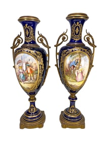 Antique French Sevres Pair of Porcelain & Bronze Urns