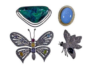 925 & 930 Sterling Silver Glass & Stones Brooches