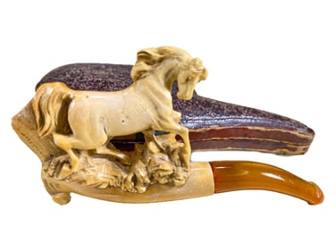 19th C Austrian Horses Meerschaum & Amber Pipe
