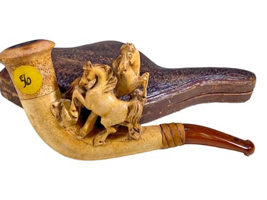 19th C Austrian Horses Meerschaum & Amber Pipe
