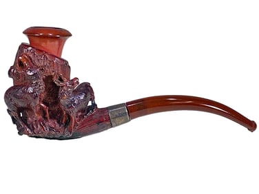 19th C Austrian Deers Red Meerschaum, Sterling & Amber Pipe